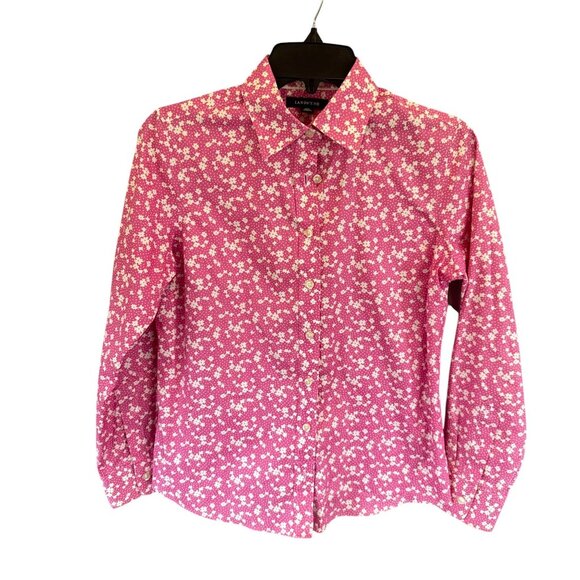 Lands End Button Up Shirt Pink Floral Long Sleeve Size 4 Petite Cotton Dressy - Picture 1 of 9